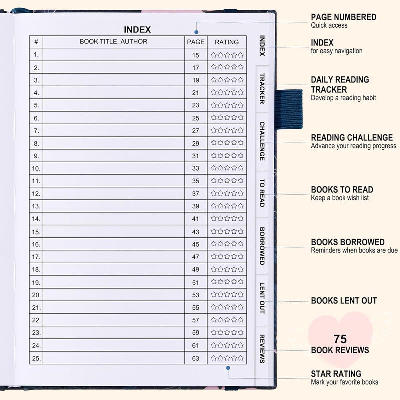 COMKISO Store Reading Journal for Book Lovers - 75 Book Journal Reading Log for Book Tracking, A5 Linen Book Review Journal with TBR Tracker List, Ratings, Challenges, Prompts, and Index - Peony - Image 3